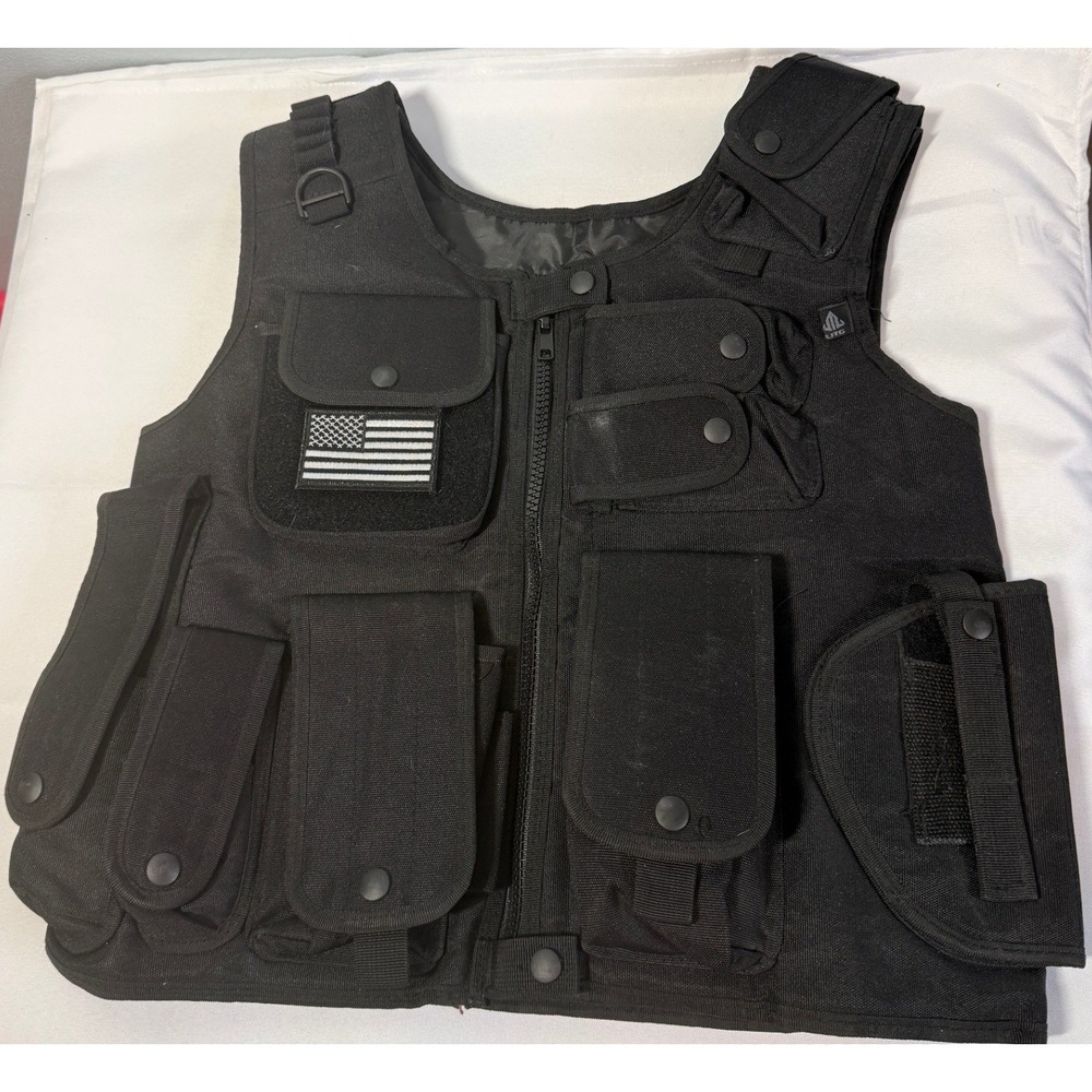 UTG Mens Tactical Vest S/M Black Multi-Pocket Holster USA Patch Lace Up Utility